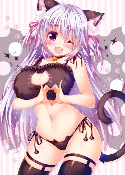 Anime picture 786x1100 with original oziko (ojitcha) ojitcha single long hair tall image looking at viewer blush breasts open mouth light erotic large breasts purple eyes animal ears white hair tail animal tail one eye closed wink cat ears