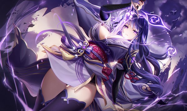 Anime picture 3300x1958 with genshin impact raiden shogun lalazyt single long hair looking at viewer fringe highres breasts light erotic wide image large breasts standing purple eyes holding sky cleavage purple hair cloud (clouds) outdoors