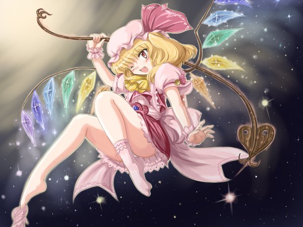 Anime picture 1400x1050 with touhou flandre scarlet flx light erotic blonde hair red eyes one eye closed barefoot wink teeth fang (fangs) one side up soles sock dangle girl hat wings socks wrist cuffs hands