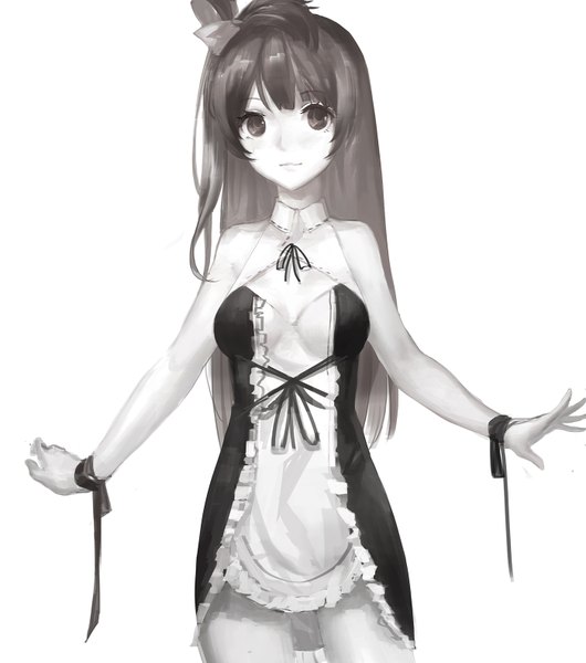 Anime picture 1400x1584 with love live! school idol project sunrise (studio) love live! minami kotori kinven single long hair tall image fringe breasts black hair simple background standing white background looking away light smile black eyes alternate costume sleeveless monochrome