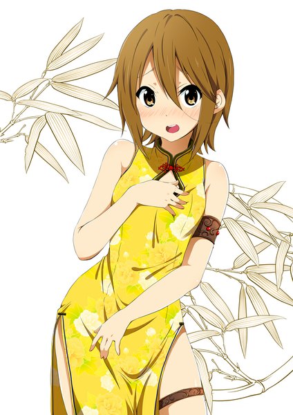 Anime picture 800x1131 with k-on! kyoto animation tainaka ritsu ragho no erika single tall image looking at viewer blush short hair open mouth brown hair brown eyes floral print hand on chest chinese clothes girl belt thigh strap chinese dress