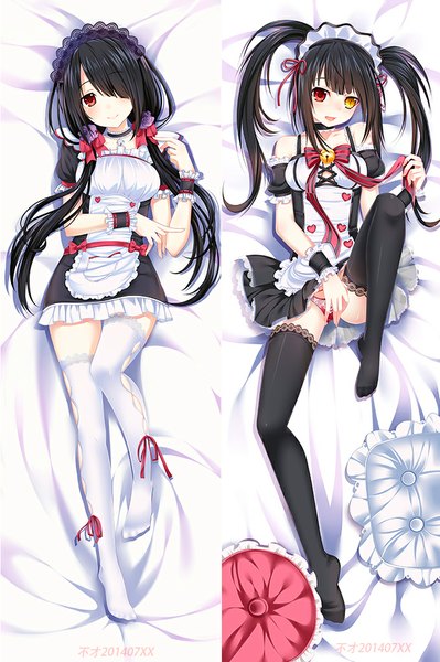 Anime picture 679x1021 with date a live tokisaki kurumi fusai (menghubucai) long hair tall image looking at viewer blush fringe open mouth light erotic black hair smile red eyes twintails yellow eyes full body lying hair over one eye on back spread legs