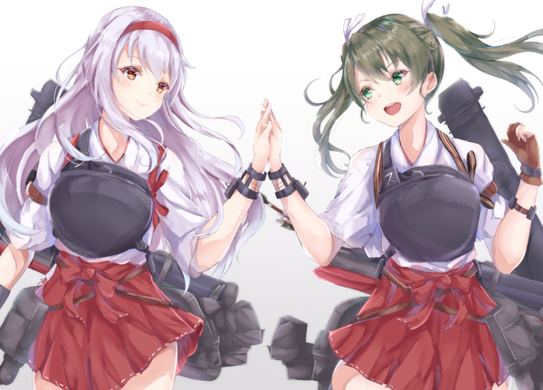 Anime picture 6249x4495 with kantai collection shoukaku aircraft carrier zuikaku aircraft carrier sa-ya2 long hair highres simple background red eyes twintails multiple girls green eyes looking away absurdres silver hair green hair holding hands eye contact girl skirt gloves