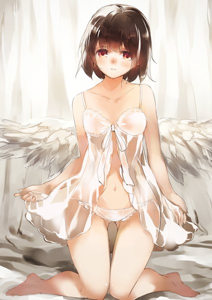 Anime picture 620x876 with touhou shameimaru aya ken (coffee michikusa) single tall image looking at viewer blush fringe short hair light erotic black hair red eyes sitting bare shoulders bent knee (knees) barefoot bare belly bare legs no shoes kneeling