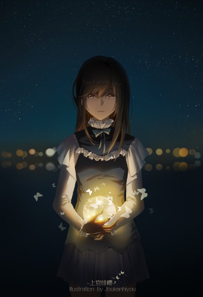 Anime picture 838x1225 with original shangguan feiying single long hair tall image looking at viewer fringe hair between eyes brown hair standing holding brown eyes signed outdoors pleated skirt night night sky lens flare light girl