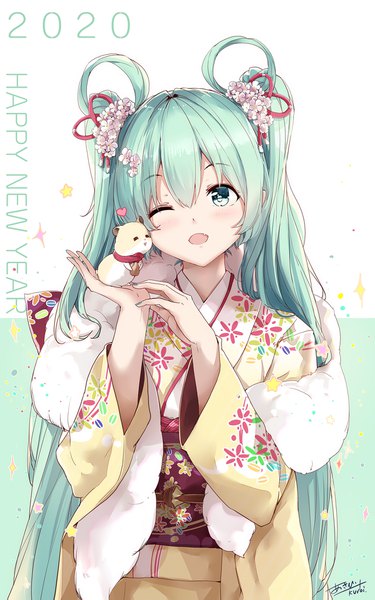 Anime picture 1275x2039 with vocaloid hatsune miku asahi kuroi single long hair tall image looking at viewer blush fringe open mouth simple background standing white background twintails holding signed upper body long sleeves nail polish traditional clothes