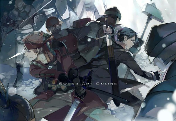 Anime picture 1920x1330 with sword art online a-1 pictures kirigaya kazuto ryoutarou tsuboi highres short hair black hair brown eyes red hair sweat snowing winter back to back battle boy weapon sword armor katana sheath