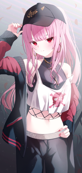 Anime picture 781x1637 with virtual youtuber hololive hololive english mori calliope mori calliope (streetwear) yuzuno kaori single long hair tall image looking at viewer blush fringe simple background smile red eyes standing bare shoulders pink hair blunt bangs long sleeves