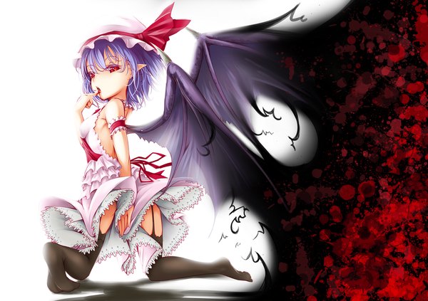 Anime picture 2358x1665 with touhou remilia scarlet onigiri (artist) single highres short hair light erotic red eyes blue hair girl thighhighs dress black thighhighs wings frills blood bonnet