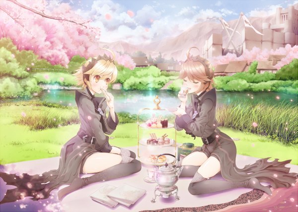 Anime picture 1321x944 with ryouku short hair blonde hair brown hair sitting multiple girls ahoge eyes closed orange eyes cherry blossoms eating landscape girl thighhighs black thighhighs 2 girls petals water building (buildings) branch