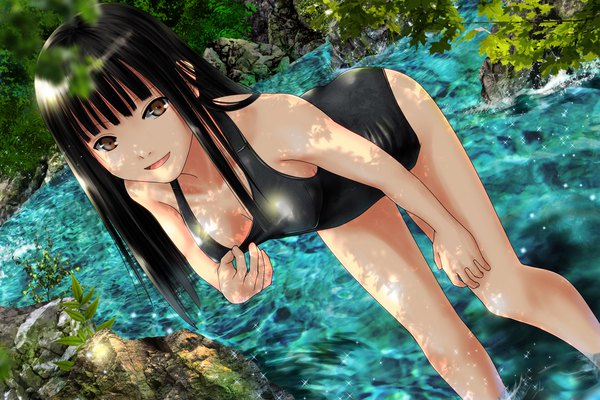 Anime picture 1920x1280 with original ano hito single long hair looking at viewer fringe highres breasts open mouth light erotic black hair brown eyes outdoors leaning leaning forward partially submerged river girl swimsuit plant (plants)