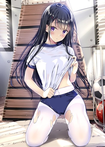 Anime picture 1110x1553 with original kobayashi chisato single long hair tall image looking at viewer blush fringe light erotic black hair hair between eyes sitting purple eyes holding full body indoors parted lips head tilt sunlight shadow