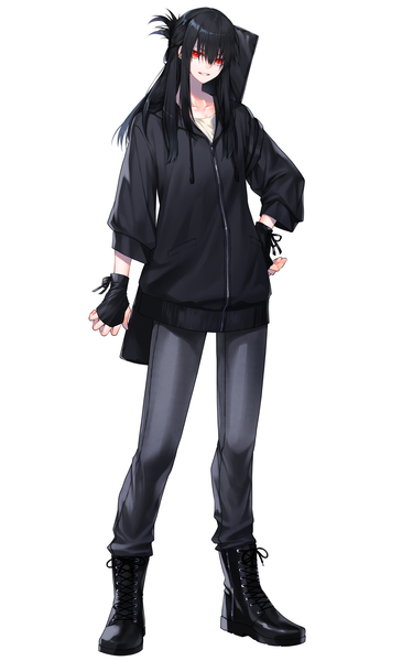 Anime picture 900x1479 with original waka (shark waka) single long hair tall image looking at viewer fringe black hair simple background smile hair between eyes red eyes standing white background full body parted lips hand on hip half updo lacing boy