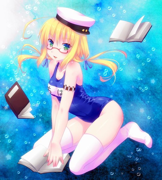 Anime picture 900x1000 with kantai collection i-8 submarine door to heaven single long hair tall image looking at viewer open mouth light erotic blonde hair green eyes girl thighhighs swimsuit white thighhighs glasses book (books) one-piece swimsuit bubble (bubbles) school swimsuit