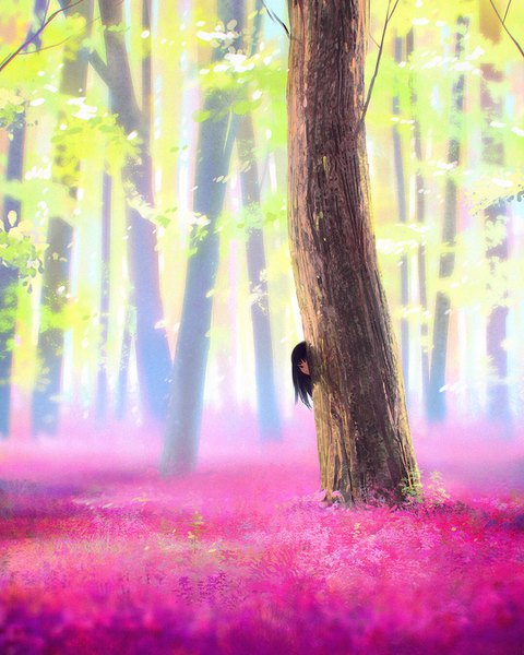 Anime picture 1080x1350 with original ilya kuvshinov single long hair tall image looking at viewer black hair outdoors black eyes field peeking girl flower (flowers) plant (plants) tree (trees) flower field