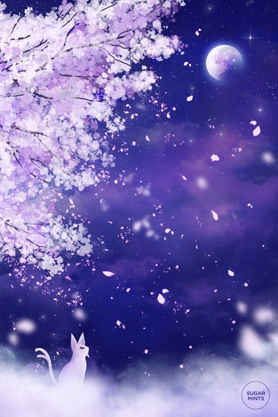 Anime picture 600x900 with pokemon nintendo espeon sugarmints tall image signed cloud (clouds) outdoors tail night night sky cherry blossoms watermark looking up no people multiple tails fog gen 2 pokemon flower (flowers) plant (plants)