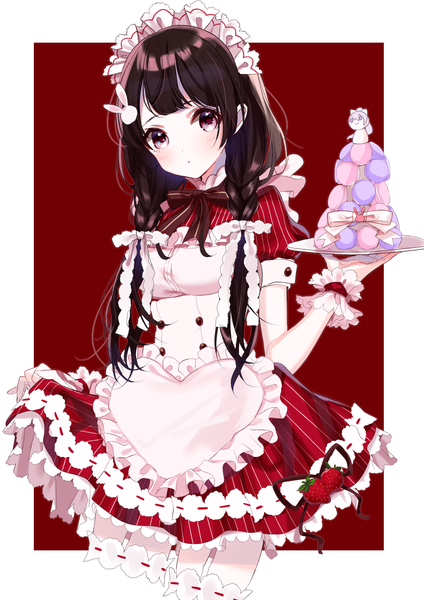 Anime picture 1414x2000 with virtual youtuber nijisanji tsukino mito higuchi kaede sinsihukunokonaka single long hair tall image looking at viewer blush fringe breasts simple background brown hair standing holding brown eyes braid (braids) head tilt maid