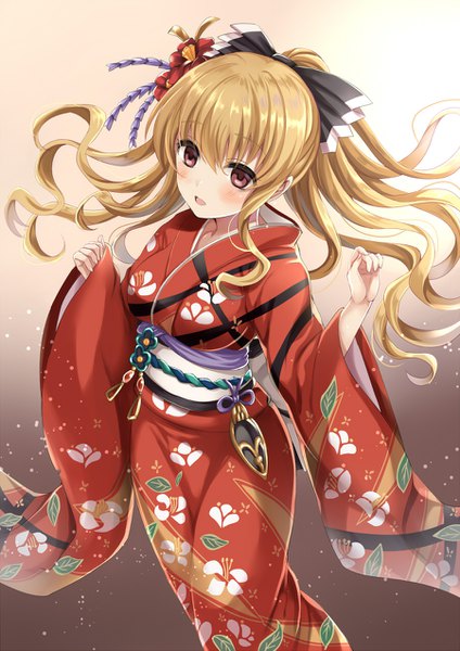 Anime picture 900x1273 with granblue fantasy vira lilie harimoji single long hair tall image blush fringe open mouth simple background blonde hair hair between eyes standing brown eyes looking away ponytail traditional clothes japanese clothes hair flower wide sleeves