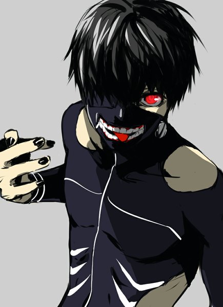 Anime picture 790x1090 with tokyo ghoul studio pierrot kaneki ken shiromi (ringo) single tall image looking at viewer fringe short hair black hair simple background red eyes nail polish fingernails from above teeth looking up crazy crazy eyes boy