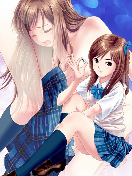 Anime picture 768x1024 with original ponnetsu long hair tall image looking at viewer light erotic brown hair brown eyes mahjong girl skirt uniform school uniform socks
