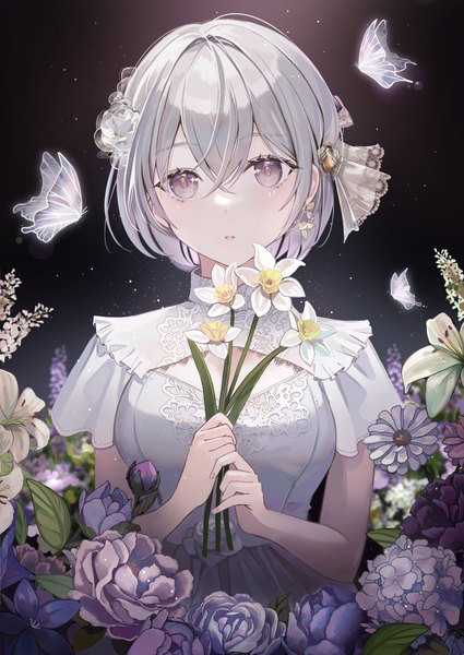 Anime picture 1417x2000 with original iren lovel single tall image looking at viewer fringe short hair simple background hair between eyes holding brown eyes silver hair upper body hair flower short sleeves black background girl hair ornament flower (flowers) insect