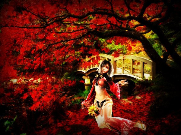 Anime picture 1600x1200 with tagme (artist) single short hair black hair traditional clothes black eyes red background girl plant (plants) tree (trees) leaf (leaves) sandals bridge