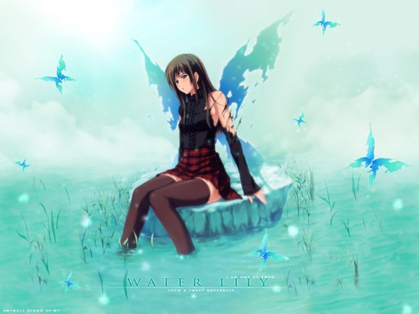 Anime picture 1600x1200 with pianissimo sugina miki long hair brown hair blue background girl thighhighs skirt wings water