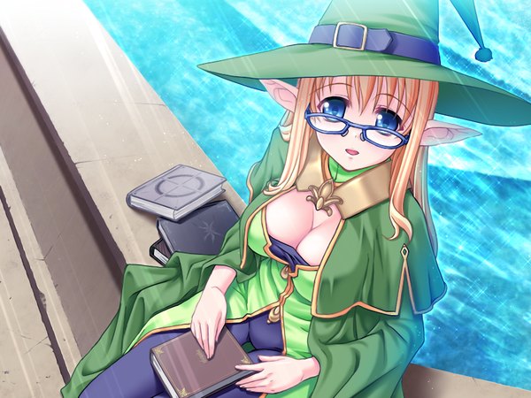 Anime picture 1024x768 with maou to odore! 2 long hair breasts open mouth blue eyes light erotic blonde hair game cg cleavage pointy ears elf girl hat glasses book (books)