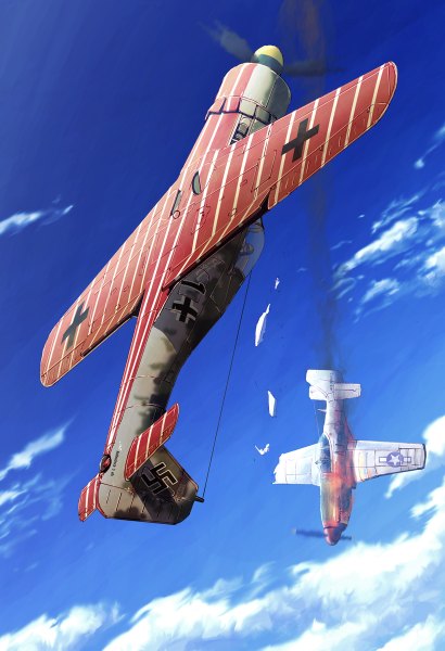Anime picture 820x1200 with original earasensha tall image sky cloud (clouds) flying battle war aircraft airplane fw190