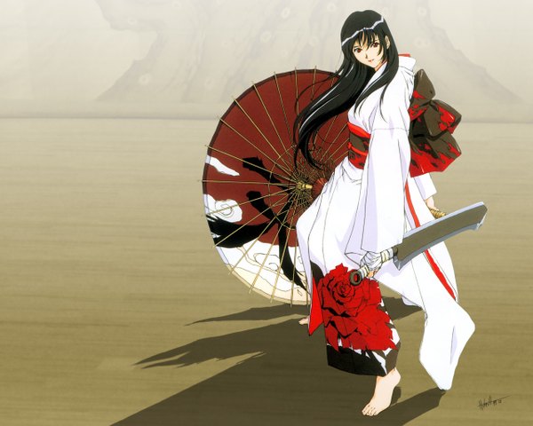 Anime picture 1280x1024 with horibe hiderou black hair japanese clothes sword umbrella oriental umbrella