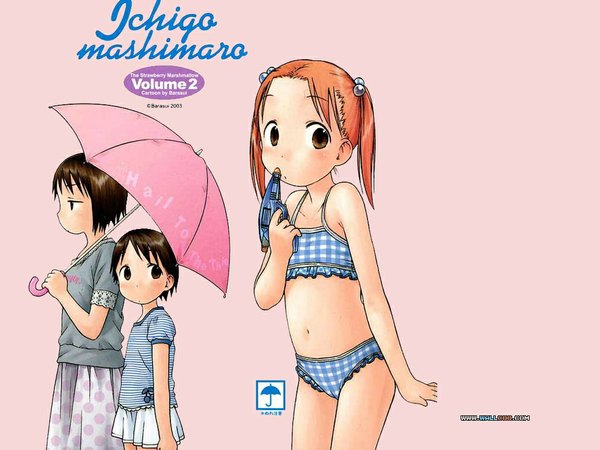 Anime picture 1024x768 with ichigo mashimaro matsuoka miu itou chika itou nobue light erotic jpeg artifacts swimsuit umbrella