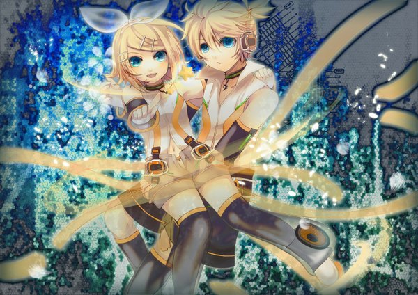 Anime picture 1500x1060 with vocaloid vocaloid append kagamine rin kagamine len kagamine rin (append) kagamine len (append) soriku (artist) short hair open mouth blue eyes blonde hair smile holding twins pointing girl boy hair ornament bow hair bow