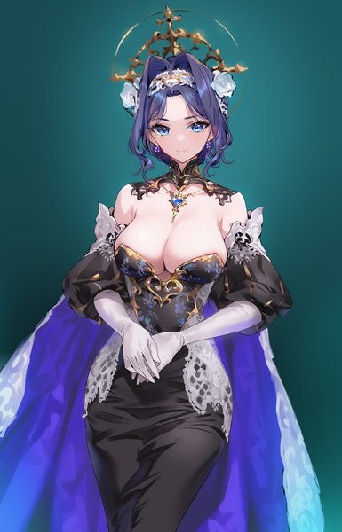 Anime picture 2079x3239 with virtual youtuber hololive hololive english ouro kronii yd (orange maru) single tall image looking at viewer fringe highres short hair breasts blue eyes light erotic simple background smile large breasts standing blue hair cleavage