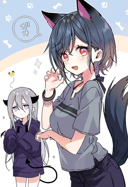 Anime picture 1627x2378 with original memeno long hair tall image looking at viewer blush fringe short hair breasts open mouth black hair simple background smile hair between eyes red eyes standing multiple girls animal ears silver hair tail