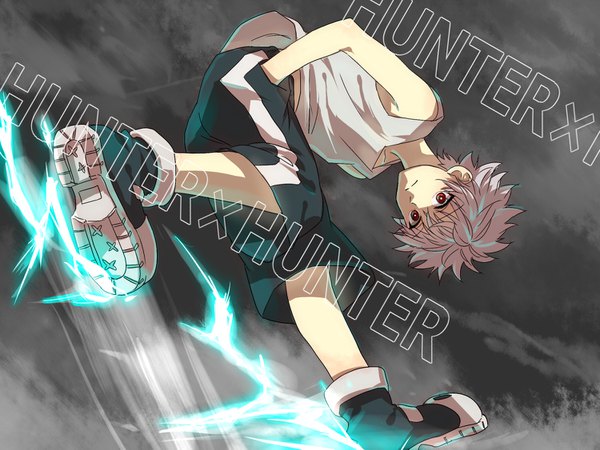 Anime picture 1500x1125 with hunter x hunter killua zaoldyeck zoff (daria) single looking at viewer fringe short hair hair between eyes red eyes bare shoulders silver hair leaning leaning forward copyright name soles smoke hands in pockets running lightning boy