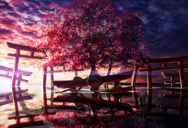 Anime picture 1000x684 with original someya mai single standing sky cloud (clouds) reflection landscape plant (plants) tree (trees) leaf (leaves) forest torii