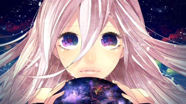 Anime picture 1920x1080 with vocaloid ia (vocaloid) momoiro oji long hair highres wide image purple eyes pink hair tears close-up multicolored eyes space girl planet