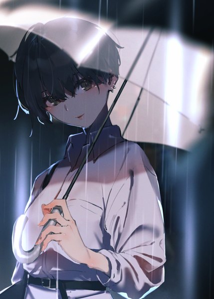 Anime picture 2591x3624 with original rolua single tall image looking at viewer blush fringe highres short hair breasts black hair hair between eyes standing holding upper body long sleeves parted lips head tilt fingernails lips