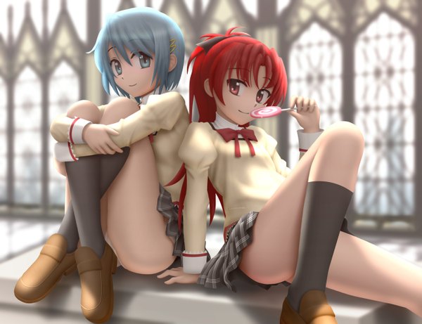 Anime-Bild 1300x1000 mit mahou shoujo madoka magica shaft (studio) sakura kyouko miki sayaka siraha long hair looking at viewer short hair light erotic smile red eyes sitting multiple girls ponytail red hair aqua eyes aqua hair pantyshot legs plaid skirt