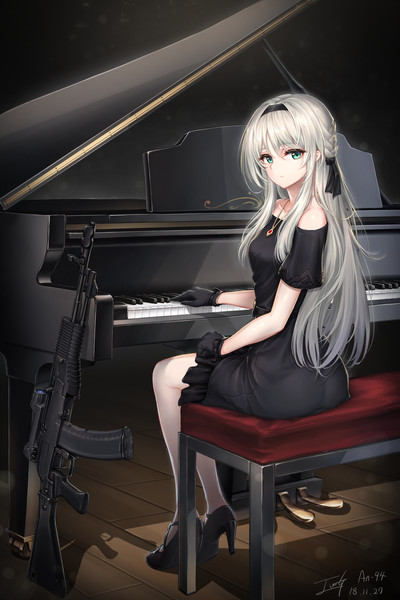 Anime picture 1500x2250 with girls frontline an-94 (girls frontline) baek hyang single long hair tall image looking at viewer fringe hair between eyes sitting bare shoulders signed payot silver hair full body braid (braids) looking back aqua eyes from behind off shoulder