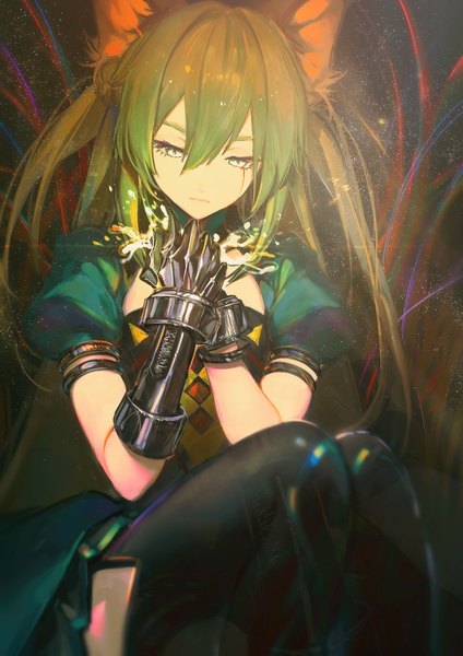 Anime picture 2894x4093 with fate (series) fate/grand order fate/apocrypha atalanta (fate) hoojiro single long hair tall image fringe highres blonde hair hair between eyes green eyes animal ears payot multicolored hair green hair cat ears two-tone hair short sleeves