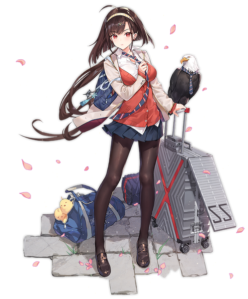 Anime picture 995x1202 with azur lane manjuu (azur lane) independence (azur lane) independence (new transfer student) (azur lane) atdan single long hair tall image looking at viewer blush fringe breasts red eyes brown hair standing full body ahoge parted lips pleated skirt open clothes