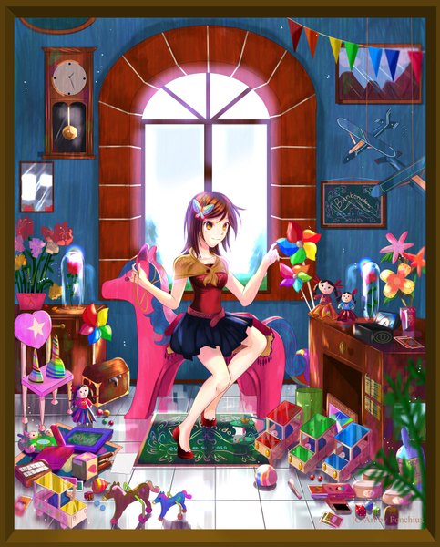 Anime picture 1422x1766 with original ponchiux single tall image short hair smile brown hair brown eyes looking away girl skirt flower (flowers) belt window leaf (leaves) toy chair