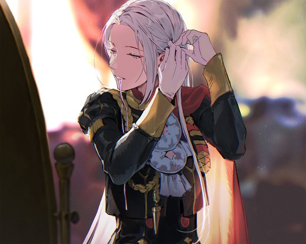 Anime picture 1300x1040 with fire emblem fire emblem: three houses nintendo edelgard von hresvelg sophie (693432) single long hair purple eyes holding payot looking away upper body white hair indoors long sleeves parted lips blurry arms up depth of field puffy sleeves