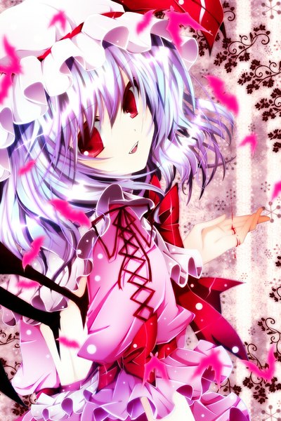 Anime picture 700x1050 with touhou remilia scarlet nanase nao single tall image looking at viewer short hair open mouth red eyes blue hair girl dress bow animal wings bonnet bat