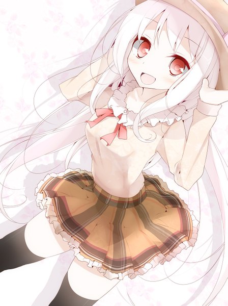 Anime picture 1069x1429 with original oouso (usotsukiya) single long hair tall image looking at viewer blush open mouth red eyes white hair girl thighhighs dress black thighhighs hat