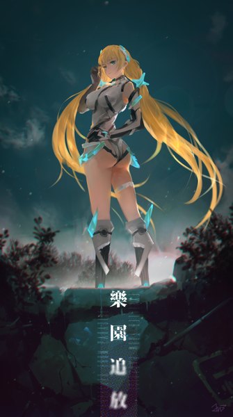 Anime picture 1734x3104 with expelled from paradise angela balzac jn3 single tall image highres breasts light erotic blonde hair large breasts twintails green eyes signed ass very long hair looking back night hand on hip low twintails hieroglyph