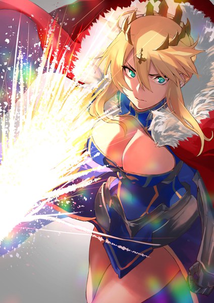 Anime picture 1722x2435 with fate (series) fate/grand order artoria pendragon (all) artoria pendragon (lancer) fujitsubo (hujitubo0731) single long hair tall image looking at viewer fringe highres breasts light erotic simple background blonde hair hair between eyes large breasts holding payot cleavage