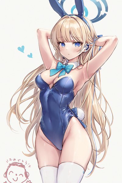 Anime picture 1200x1800 with blue archive toki (blue archive) toki (bunny) (blue archive) sensei (blue archive) doodle sensei (blue archive) mirukurim single long hair tall image looking at viewer blush fringe breasts blue eyes light erotic simple background blonde hair standing white background bare shoulders