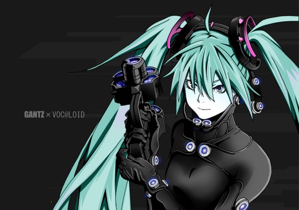 Anime picture 2480x1748 with gantz vocaloid gonzo hatsune miku psychobilly (artist) long hair highres blue eyes simple background twintails green hair grey background cosplay girl weapon gun